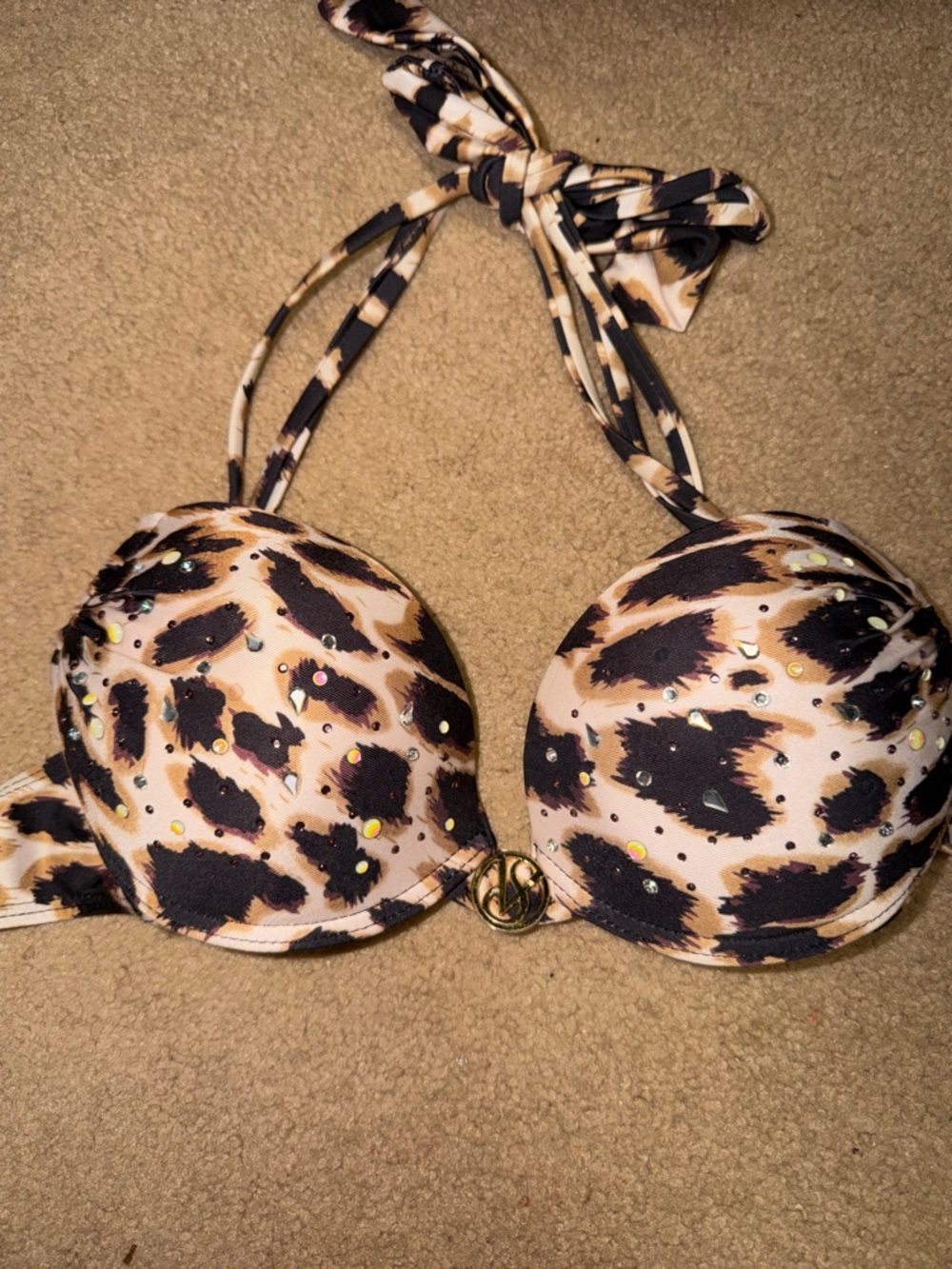 Victoria's Secret Leopard Print Padded Bikini Top - Black, Tan, Cream